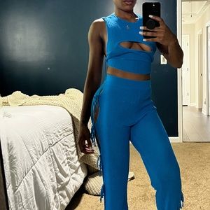 BLUE SHEER KNIT TIE SIDE CROP TOP & PANTS